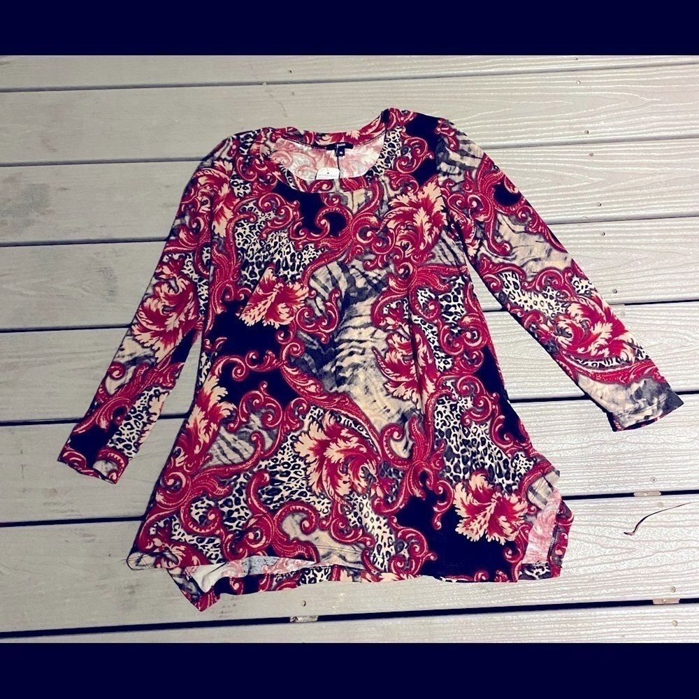 S Point Long Sleeve Boho Paisley Print Tunic Top Medium Red Black Asymmetrical